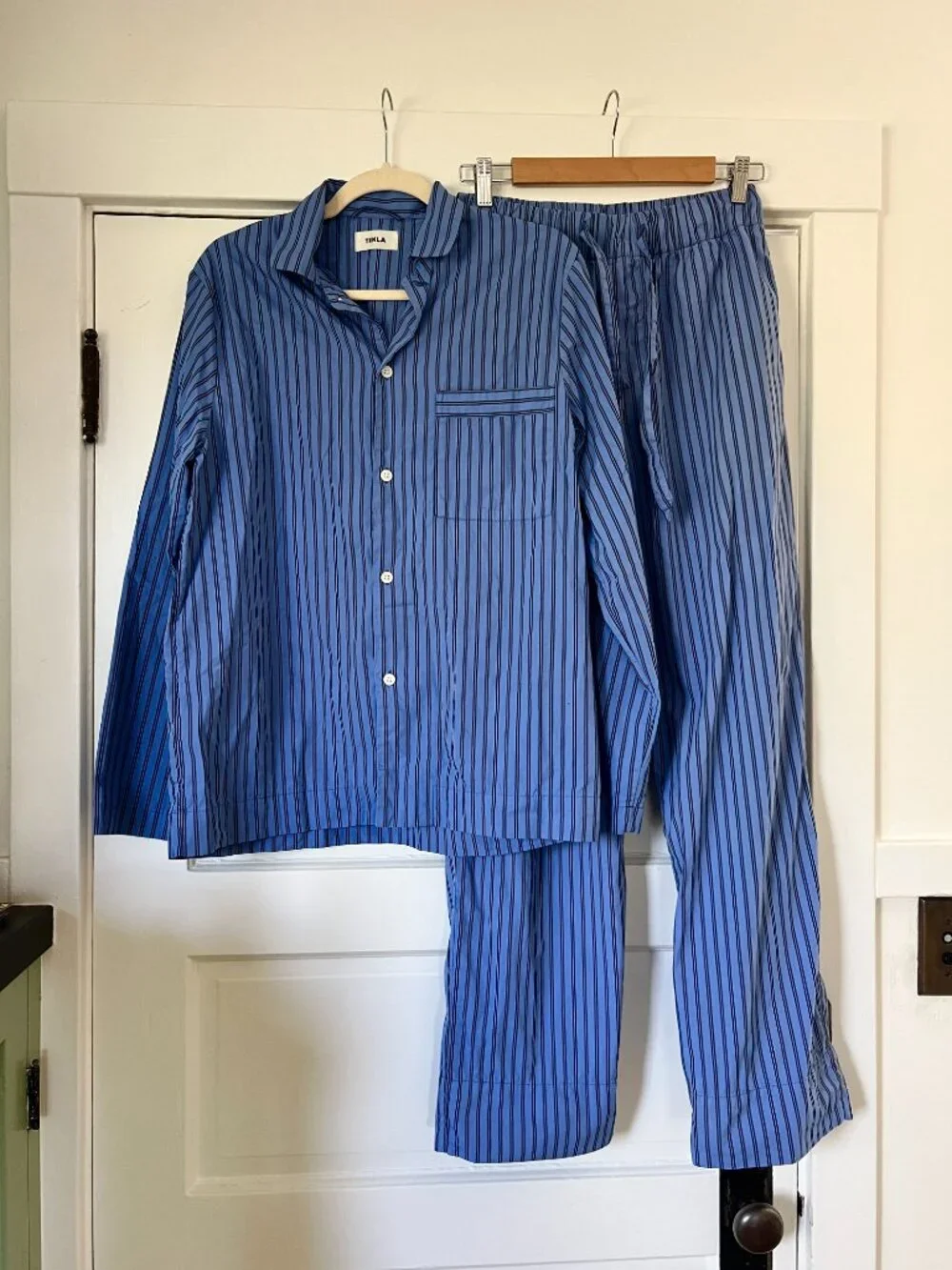 TEKLA Blue Striped Poplin Pyjama Set Size Small Matching Pants Shirt Luxury
